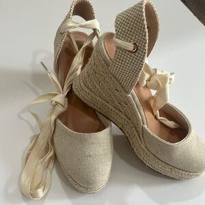 BAMBOO Cream Wedge Espadrilles with Peep-Toe